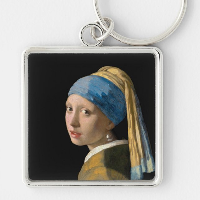 Johannes Vermeer - Flickan med en Pearl Earring Fyrkantig Silverfärgad Nyckelring (Framsidan)