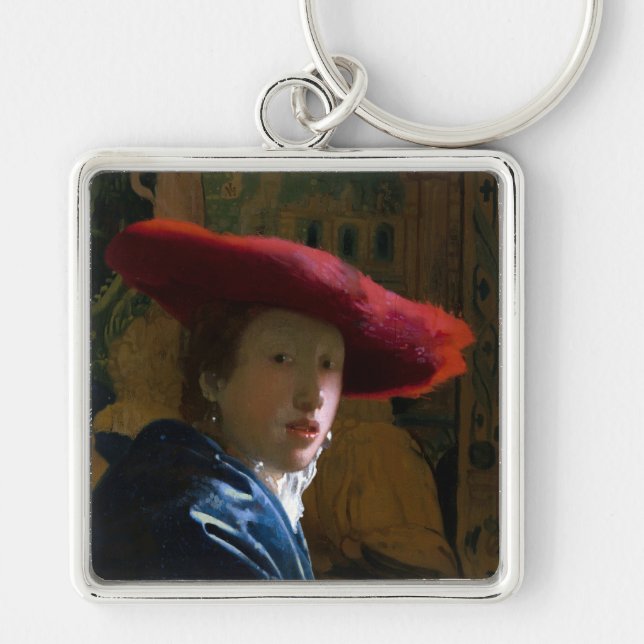 Johannes Vermeer - Flickan med Red Hat Fyrkantig Silverfärgad Nyckelring (Framsidan)