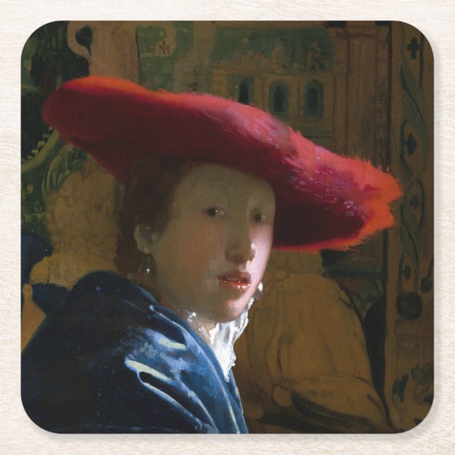 Johannes Vermeer - Flickan med Red Hat Underlägg Papper Kvadrat (Framsidan)