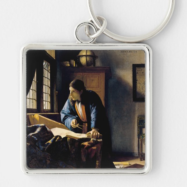 Johannes Vermeer - Geografen Fyrkantig Silverfärgad Nyckelring (Framsidan)