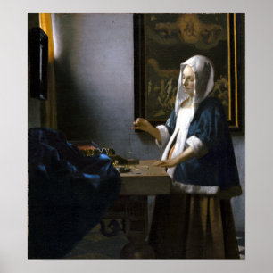 Johannes Vermeer kvinnainnehav en balansera Poster