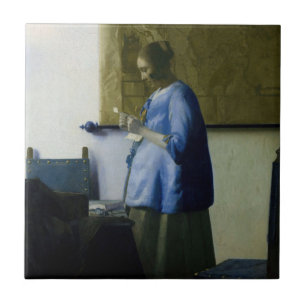 Johannes Vermeer - Kvinnor i blå läsning i Brev Kakelplatta