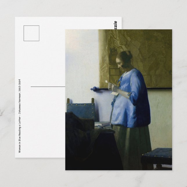 Johannes Vermeer - Kvinnor i blå läsning i Brev Vykort (Fram/baksida)