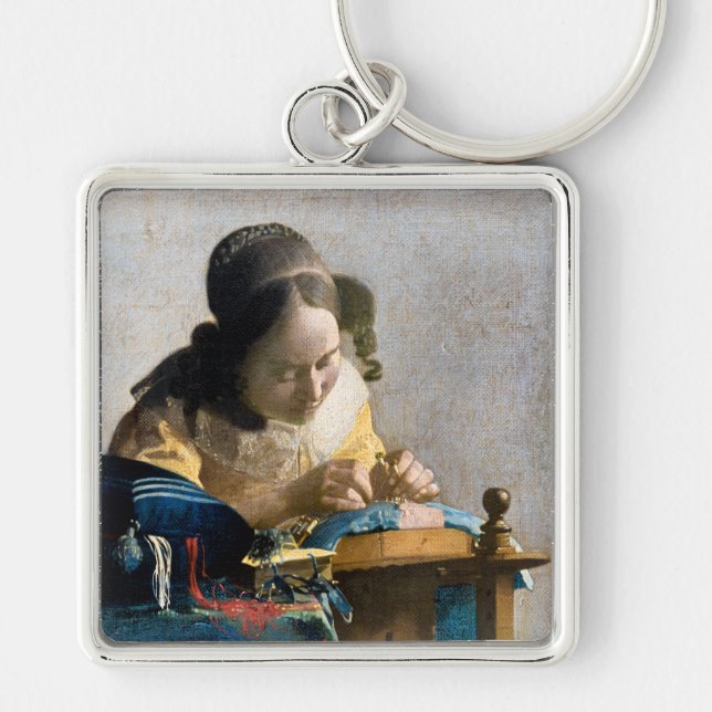 Johannes Vermeer - Lacemaker Fyrkantig Silverfärgad Nyckelring (Framsidan)
