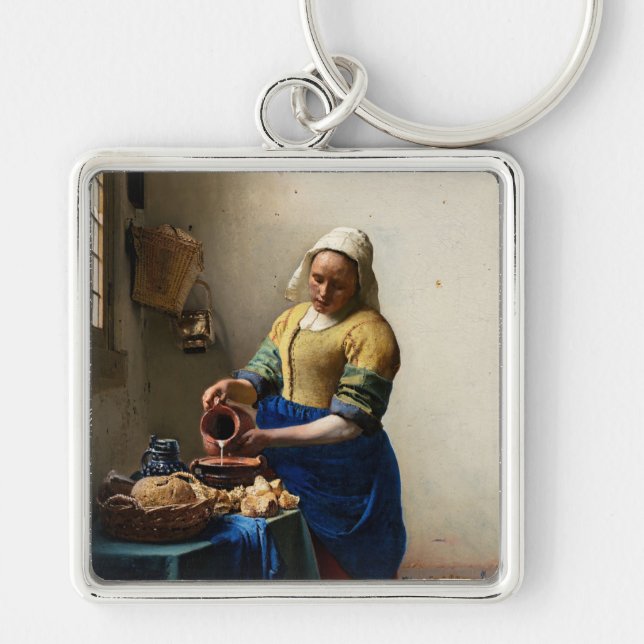 Johannes Vermeer - Milkmaid Fyrkantig Silverfärgad Nyckelring (Framsidan)