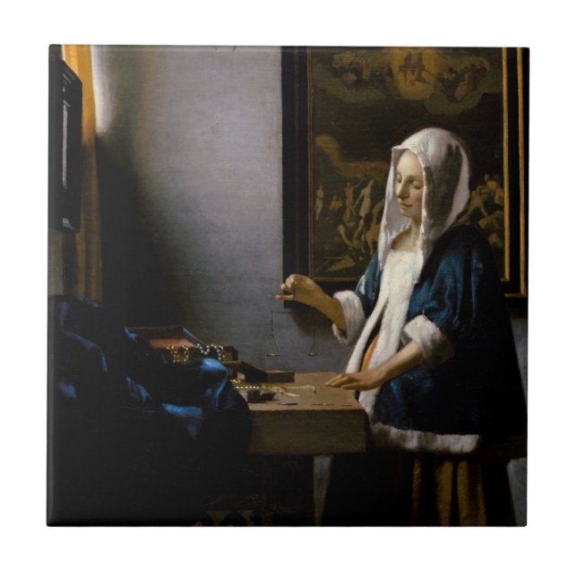 Johannes Vermeer - Woman Holding a Balance Kakelplatta (Framsidan)