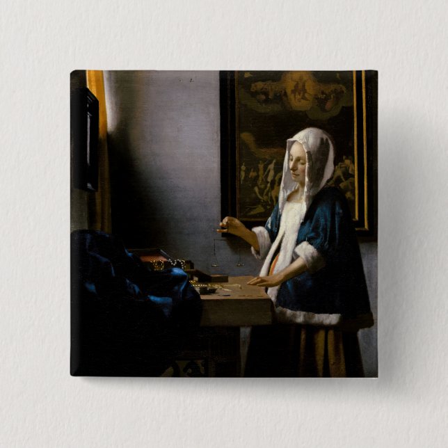 Johannes Vermeer - Woman Holding a Balance Knapp (Framsida)