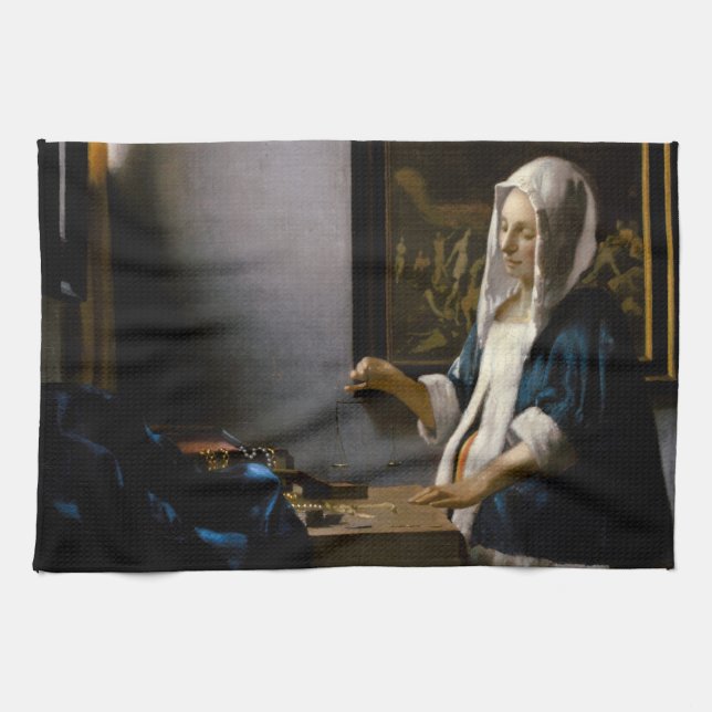 Johannes Vermeer - Woman Holding a Balance Kökshandduk (Horisontell)