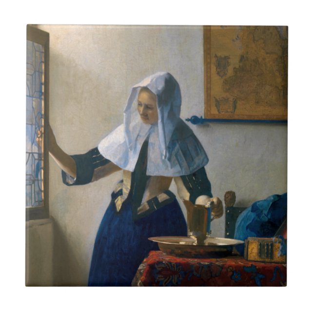 Johannes Vermeer - Woman med en Vatten Pitcher Kakelplatta (Framsidan)
