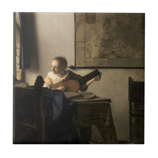 Johannes Vermeer - Young Woman med Lute Kakelplatta (Framsidan)