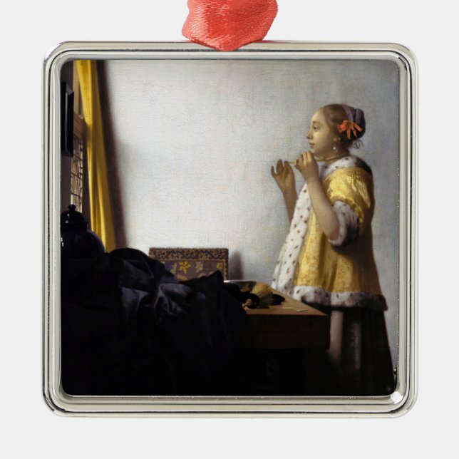 Johannes Vermeer - Young Woman with Pearl Necklace Julgransprydnad Metall (Framsidan)