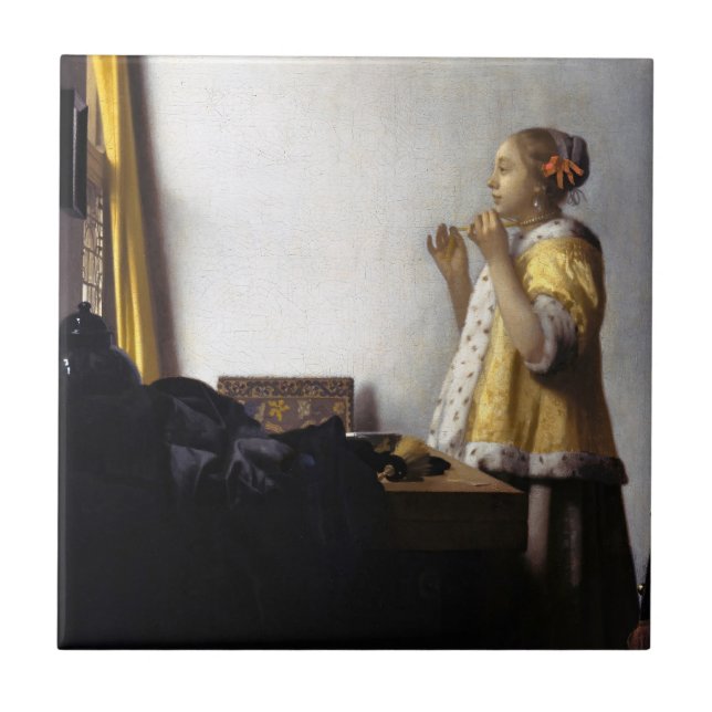 Johannes Vermeer - Young Woman with Pearl Necklace Kakelplatta (Framsidan)