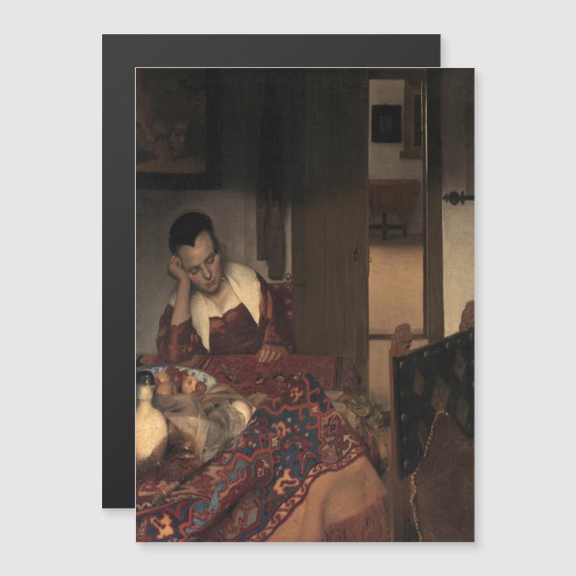 Johannes Vermeer, Young Women Sleeping Magnetisk Inbjudningskort (Fram/baksida)