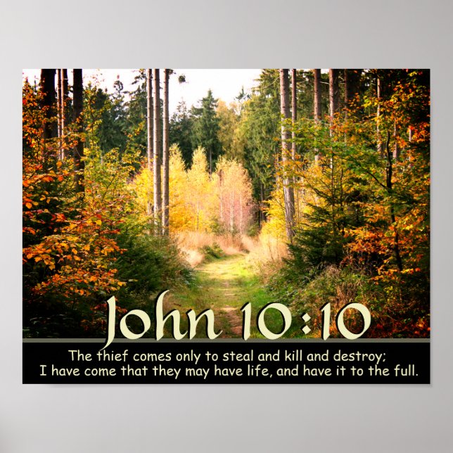 John 10:10 Scripture, Autumn Forest Väg. Poster (Framsidan)