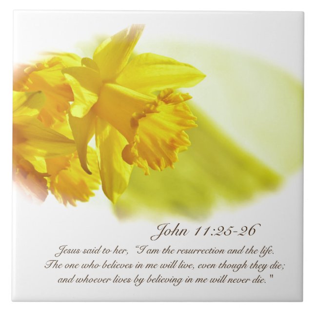 John 11:25-26, Påsk, Vår Gult Daffodils Kakelplatta (Framsidan)