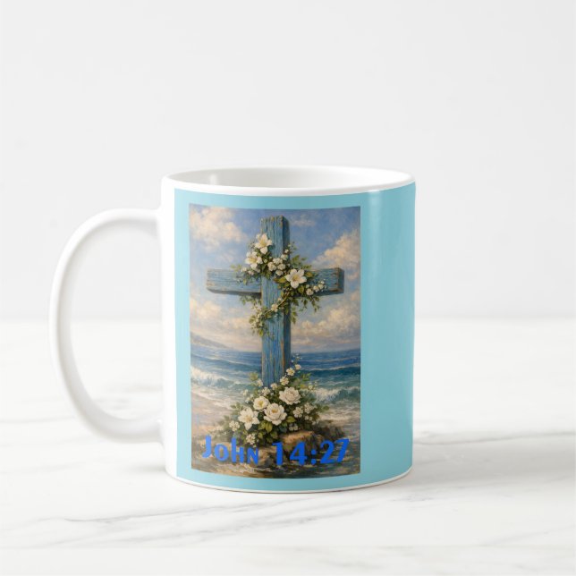 John 14:27 Beach Cross Throw Pillow Kaffemugg (Vänster)