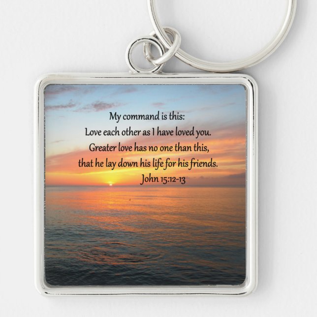JOHN 15:12 SUNRISE ÖVER OCEAN FYRKANTIG SILVERFÄRGAD NYCKELRING (Framsidan)