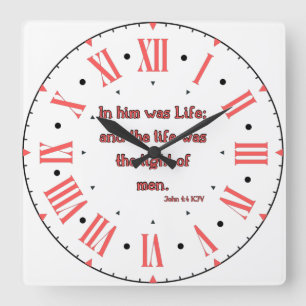 John 1:4 KJV Bible Verse II Roman Numeral Fyrkantig Klocka