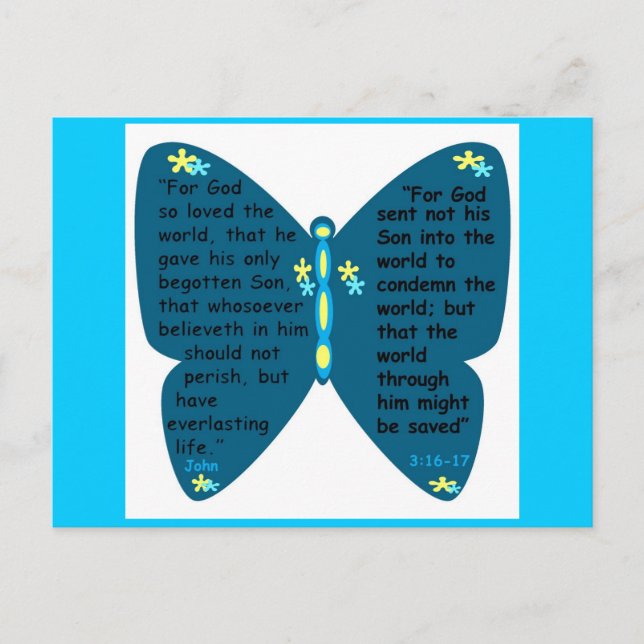 John 3: 16-17 butterfly blue-postkort vykort (Framsida)