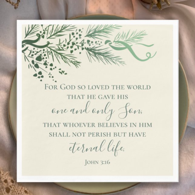 John 3:16 Anpassningsbar Modern Sage Greenery jul Pappersservett (Modern elegant hand drawn pine Christmas dinner napkin with custom John 3:16 Bible verse in Sage.

)