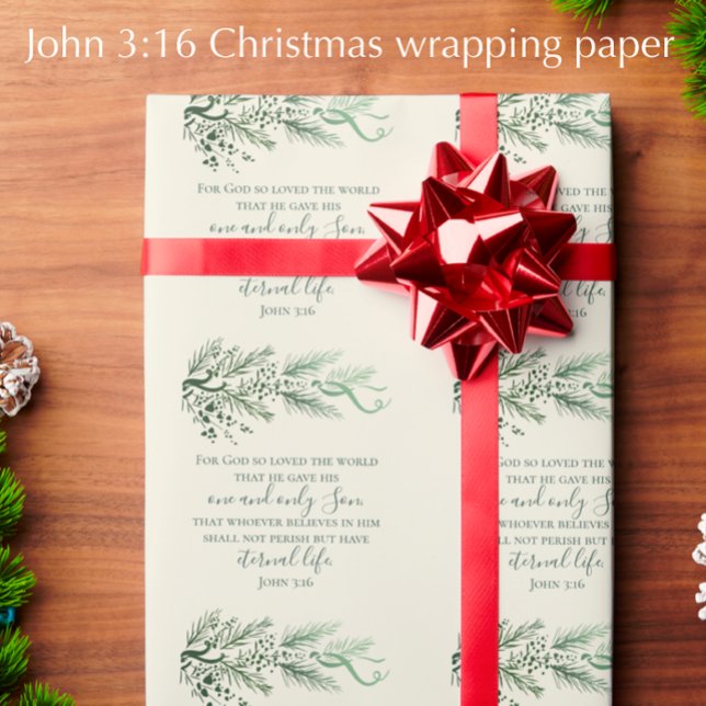 John 3:16 Bible Verse Anpassningsbar Modern jul Presentpapper (John 3:16 elegant pine art Christmas wrapping paper. Christian scripture Christmas gift wrap.)