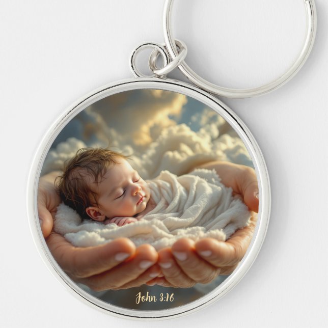 John 3:16 Bible Verse Baby Keychain Rund Silverfärgad Nyckelring (Framsidan)