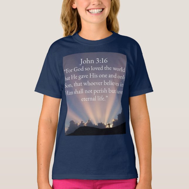 John 3:16 Bible Verse Girl's Tee Shirt (Framsida)
