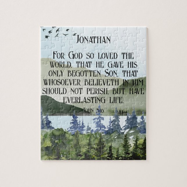 John 3 16 Bible Verse Nature Christian Gift Namn Pussel (Vertikal)