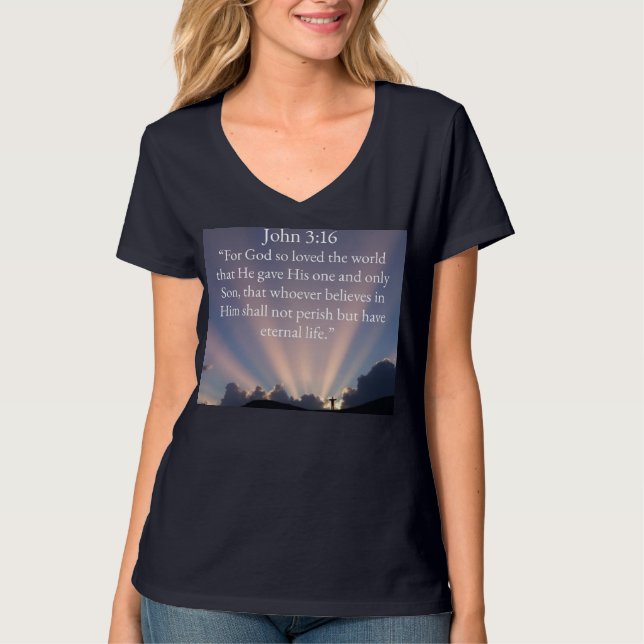 John 3:16 Bible Verse Women's V-Neck Tee Shirt (Framsida)