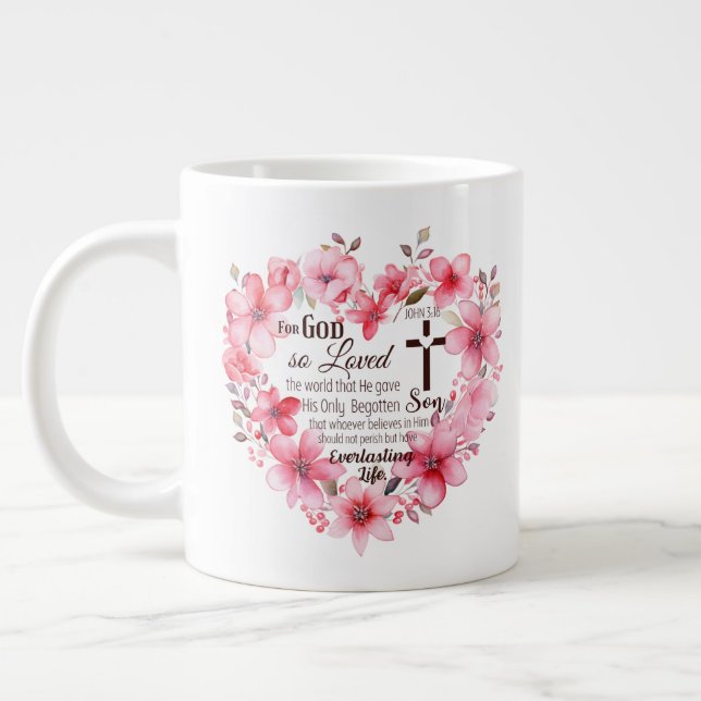 John 3:16 Blommigt Heart Bible Verse Jumbo Mugg (Vänster)
