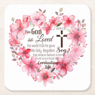 John 3:16 Blommigt Heart Bible Verse Underlägg Papper Kvadrat