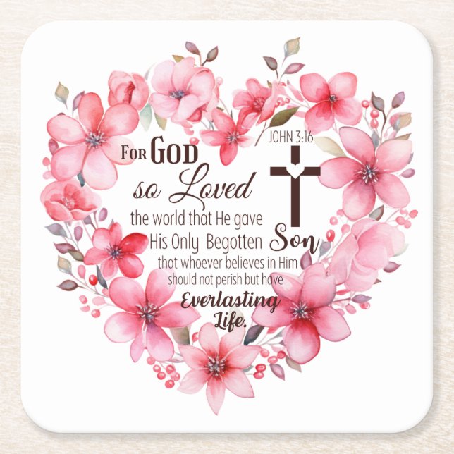 John 3:16 Blommigt Heart Bible Verse Underlägg Papper Kvadrat (Framsidan)