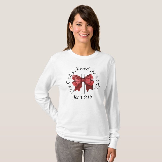 John 3:16 Coquette Red Bow Kor Sweatshirt T Shirt (Hel framsida)