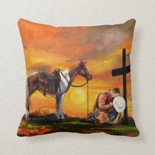 John 3:16 Cowboy vid korset bedjande kristen Kudde
