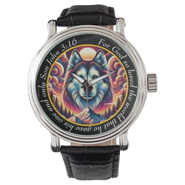 John 3:16 Ensam Varg Urklocka Berg Tro Armbandsur (Framsida)