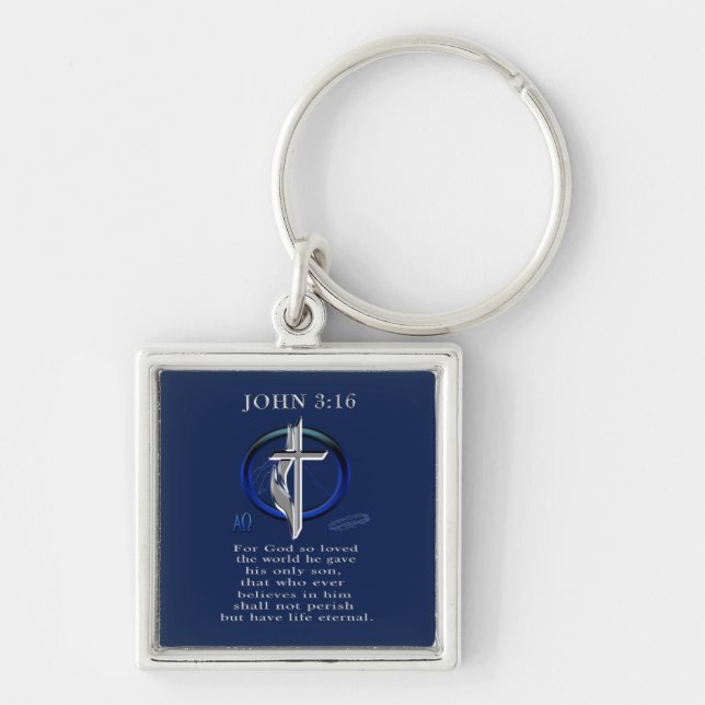 John 3:16 fyrkantig silverfärgad nyckelring (Framsidan)