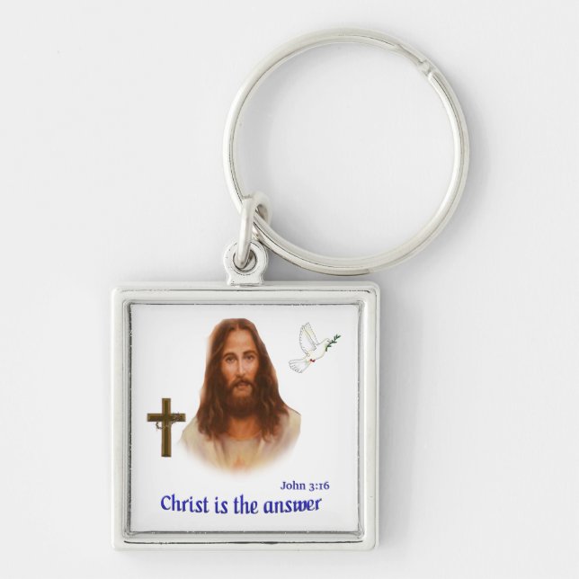 John 3:16 fyrkantig silverfärgad nyckelring (Framsidan)
