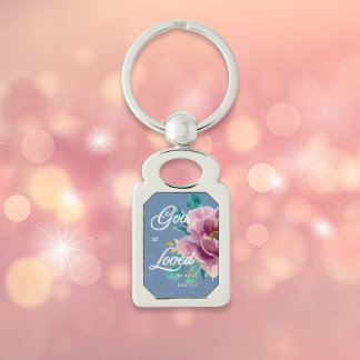 John 3:16 Gud älskade rosa blommiga kristna Rektangulärt Silverfärgad Nyckelring