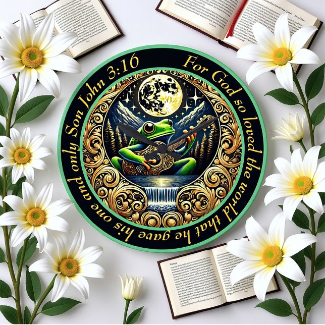 John 3:16 Guitar-Strumming Frog Glows under Måne Stor Klocka (Skapare uppladdad)
