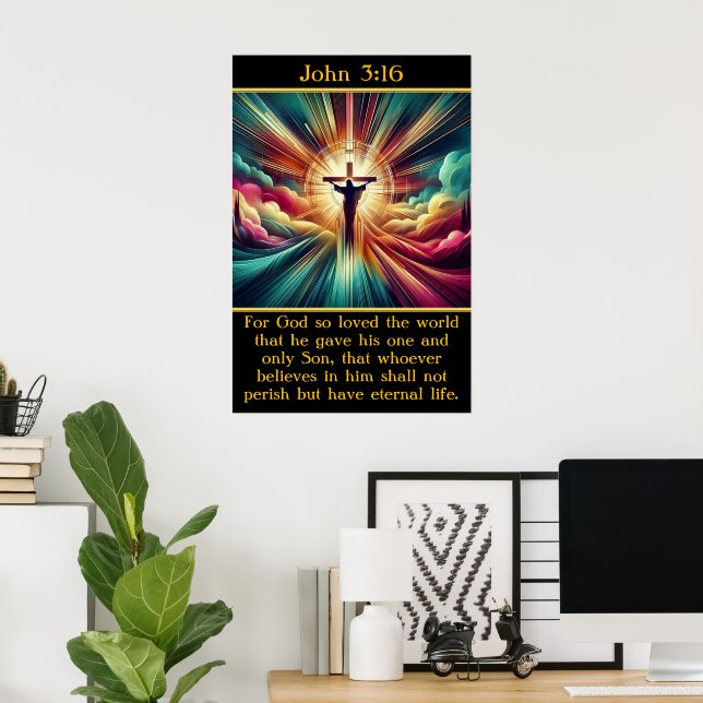 John 3:16 Jesus i strålande ljus och moln Poster (Hemmakontoret)