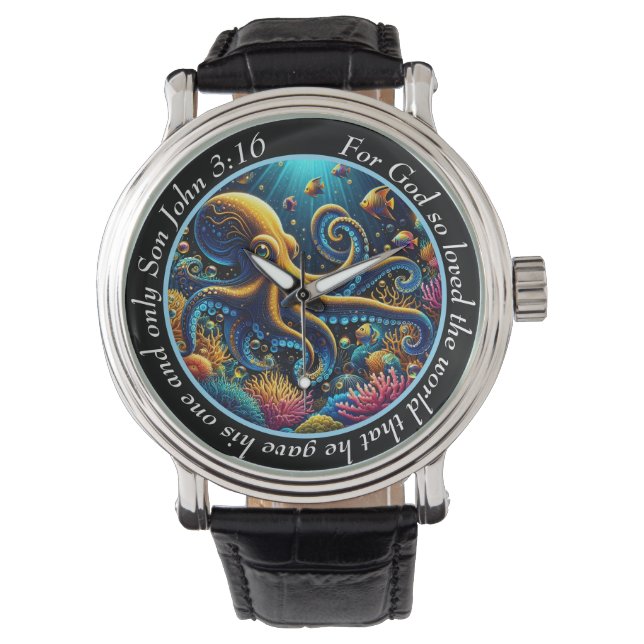 John 3:16 Levande Bläckfisk Urklocka Ocean Tro Armbandsur (Framsida)