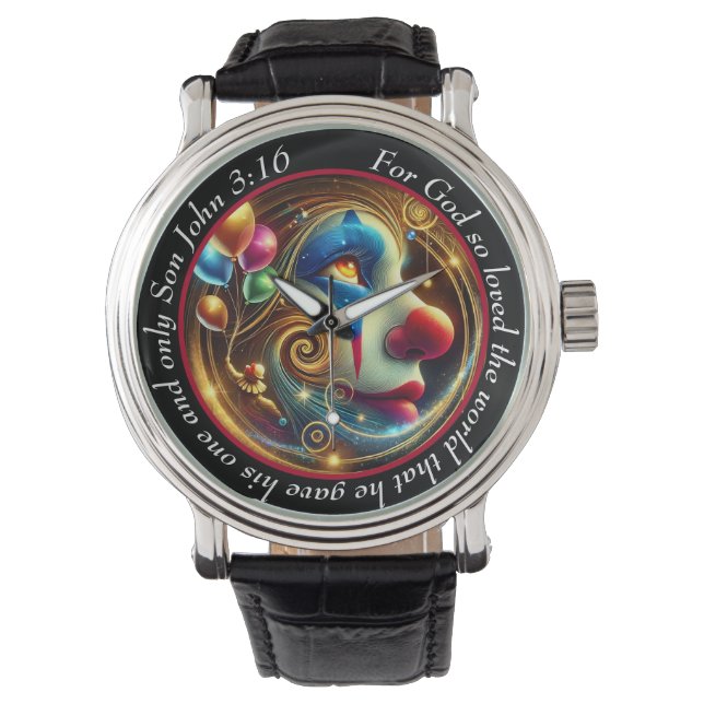 John 3:16 Livlig clownklocka Glädjefull tro Armbandsur (Framsida)
