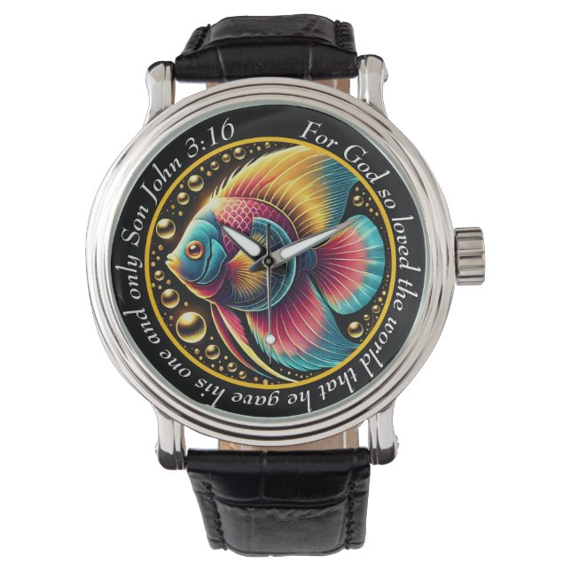 John 3:16 Livlig fiskturklocka Ocean Tro Armbandsur (Framsida)