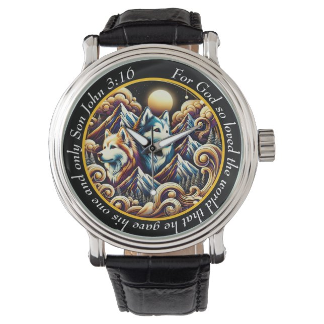 John 3:16 Majestätiskt Vargurklocka Wilderness Fai Armbandsur (Framsida)