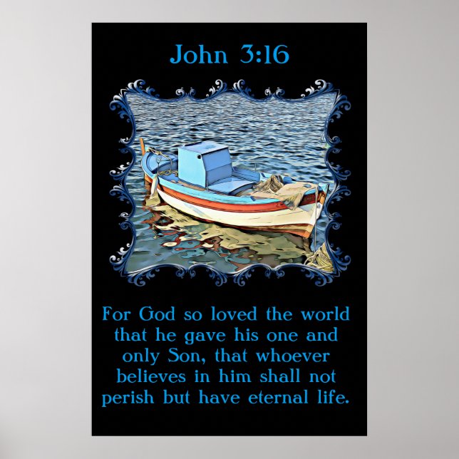 John 3:16 med en gammal båt i lugnens hav. poster (Framsidan)