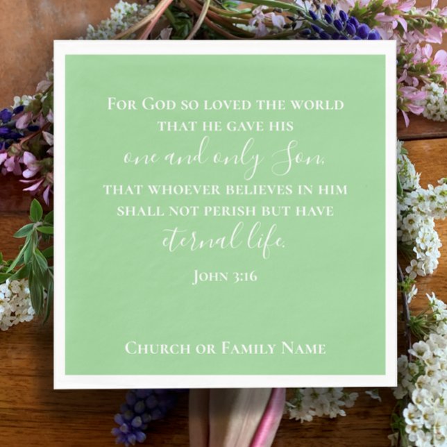 John 3:16 | Mint Grönt Christian Church Påsk Pappersservett (John 3:16 Christian scripture Easter napkin. Modern elegant custom script personalized pastel green)