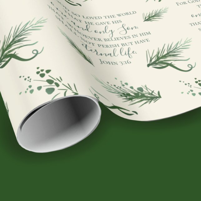 John 3:16 Modern Sage-jul i Bibeln Anpassningsbar Presentpapper (John 3:16 custom inspirational Bible verse Christmas wrapping paper. Elegant hand drawn pine  & bows)