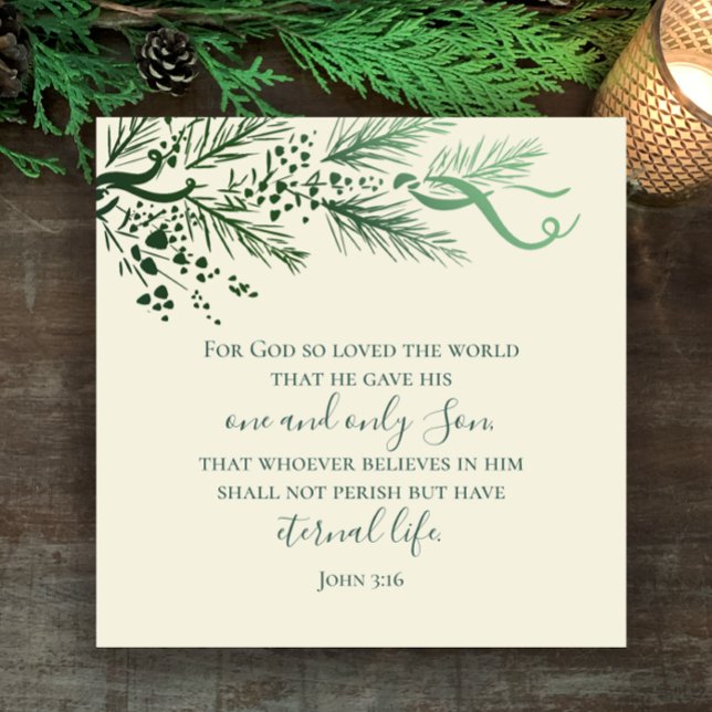 John 3:16 Personlig Christian Modern Jul Julkort (John 3:16 elegant hand drawn pine greenery Christmas holiday greeting card. Personalize back script.)