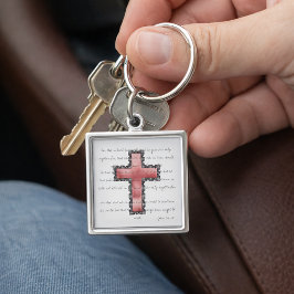 John 3:16 Rosa akvarellkors Fyrkantig Silverfärgad Nyckelring