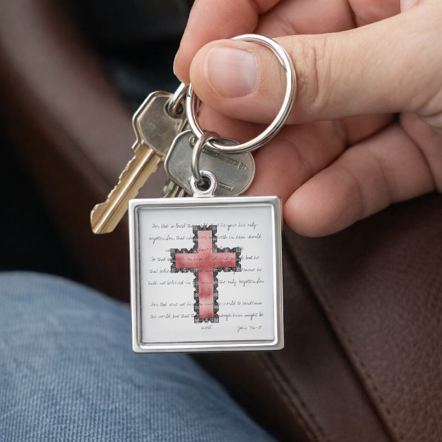 John 3:16 Rosa akvarellkors Fyrkantig Silverfärgad Nyckelring (Skapare uppladdad)